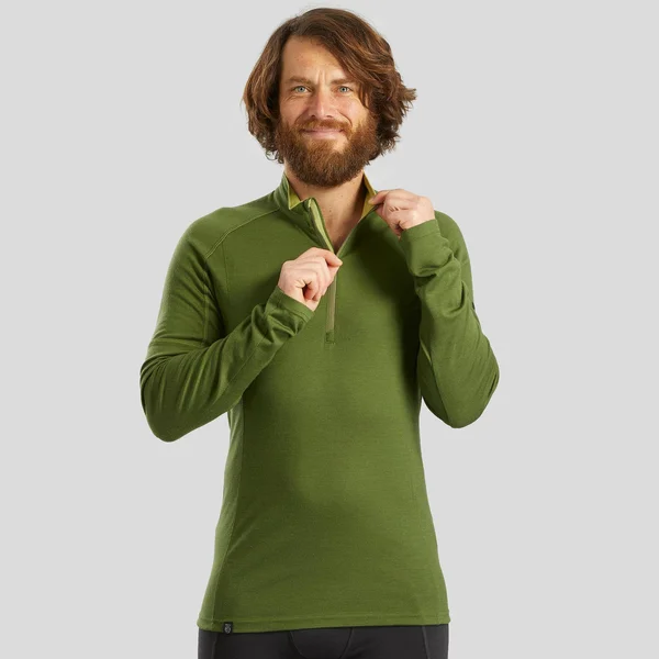 Forclaz Men's Trek 500 - Zip Long Sleeved Merino Hiking T-Shirt in Black, Size Medium
