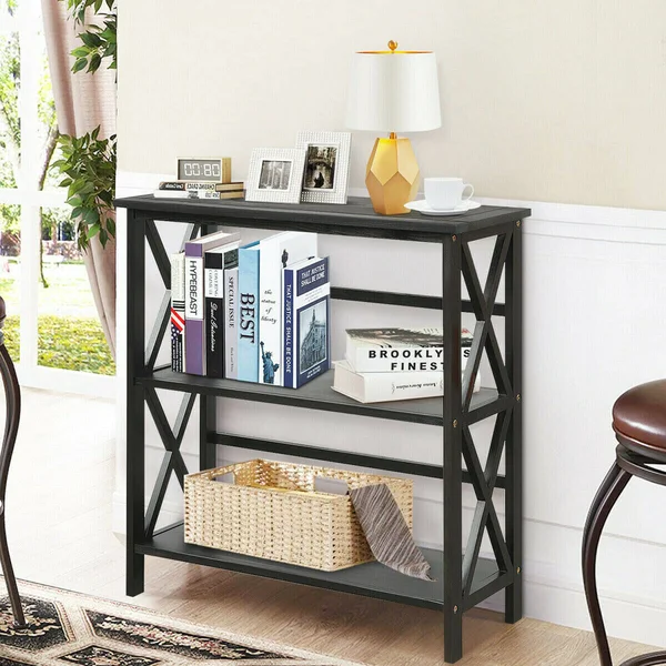 3-Tier Wooden Open Shelf Bookcase with X-Design-Black