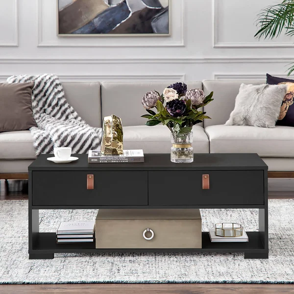 Costway Coffee Table Wood Accent Cocktail Table w/ 2 Drawers & Open Storage Shelf Black