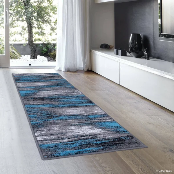 Allstar Blue Exclusive Modern Brush Streak Design Rug - 7& 10x22 x 10&
