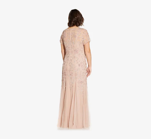 Adrianna Papell Hand Beaded Short Sleeve Floral Godet Gown, Blush, Size: 22