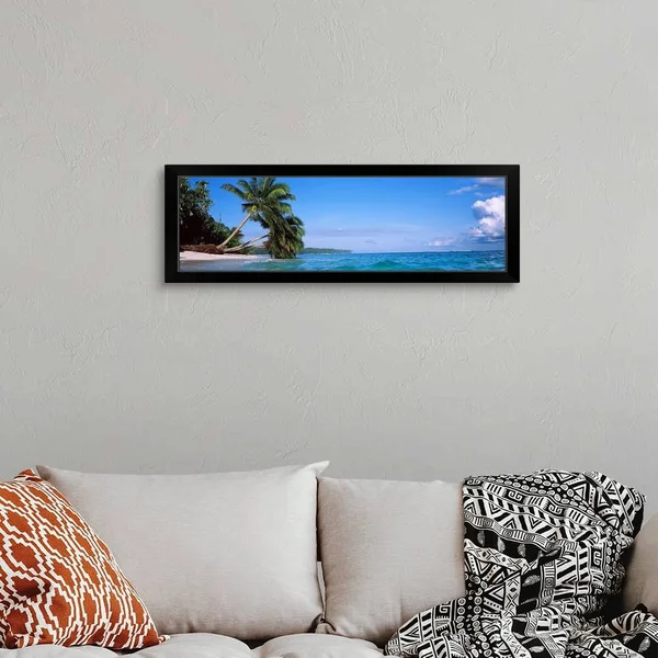Palm Trees on The Beach, Indonesia, Black Framed Wall Art, 36x12, Great Big Canvas