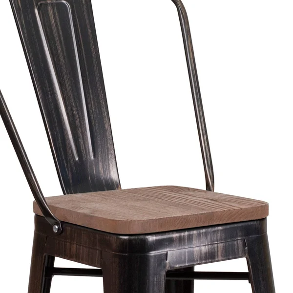 Flash Furniture 24x22 High Metal Counter Height Stool with Back and Wood Seat, Black-Antique Gold