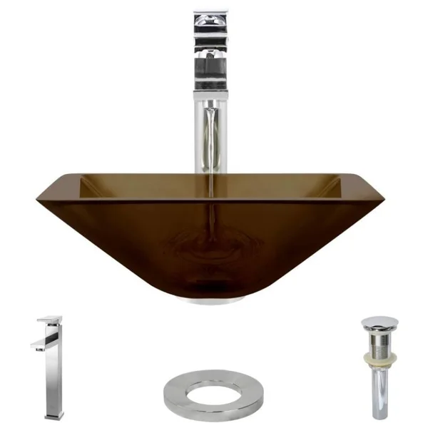 Rene R5-5003-CAS-R9-7003 16-1/2x22 Glass Vessel Bathroom Sink with Vessel Faucet Cashmere, Chrome