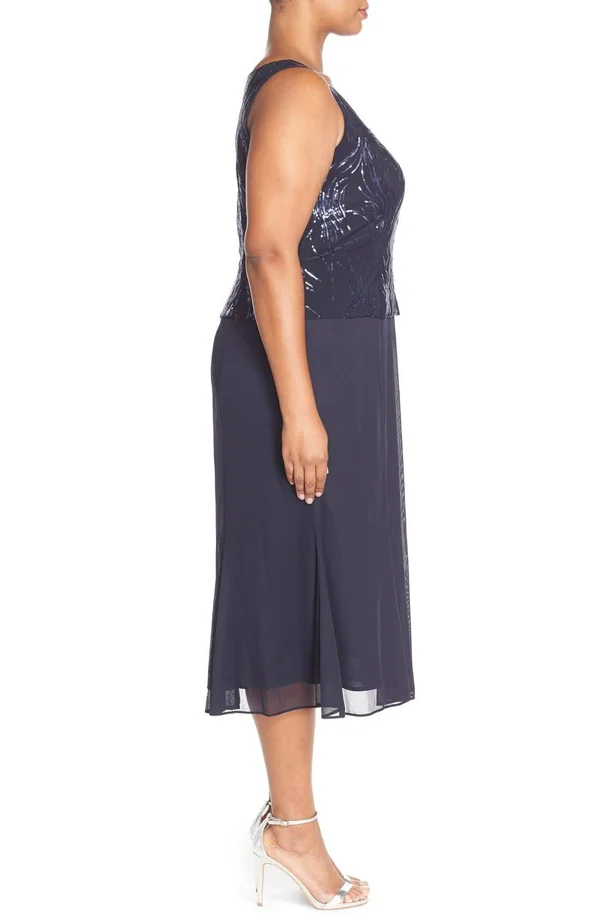 Alex Evenings Plus Size Sequined Chiffon Dress and Jacket - 14W - Navy