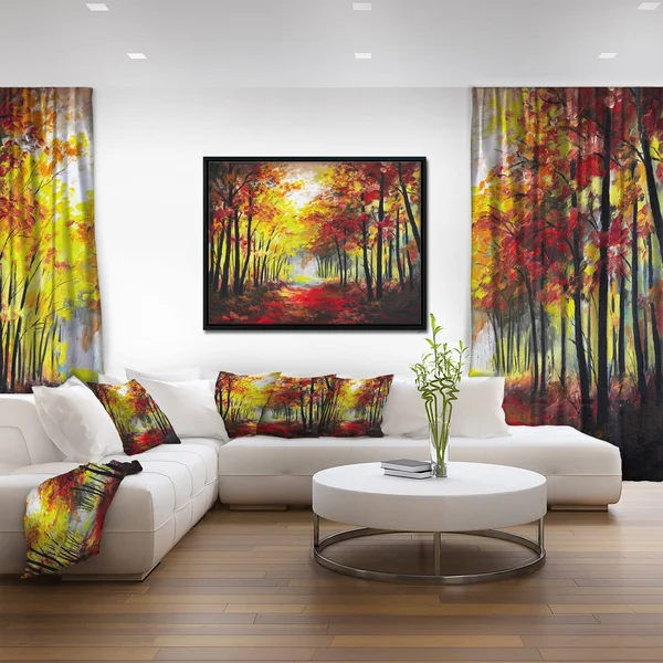 Designart ' Walk Through Autumn Forest ' Landscape Art Print Framed Canvas - Size: 42 inch x 32 inch