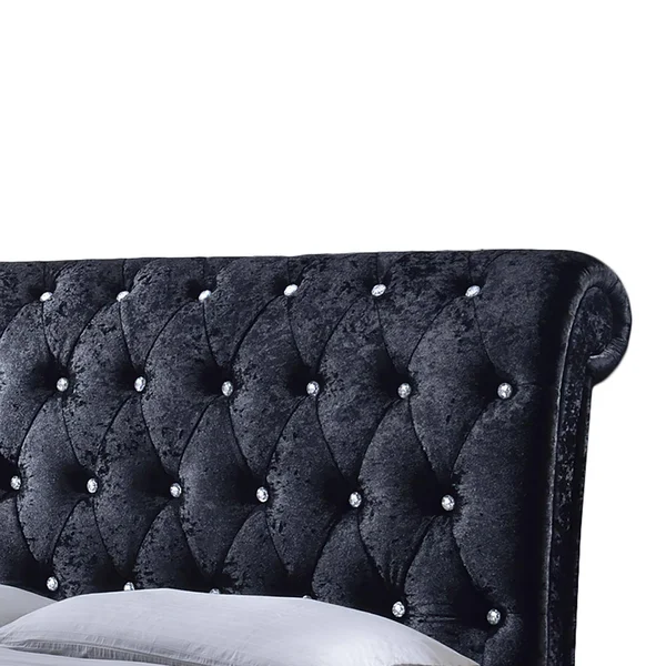 Baxton Studio Castello Black Velvet Upholstered Faux Crystal-Buttoned Sleigh Platform Bed, Queen
