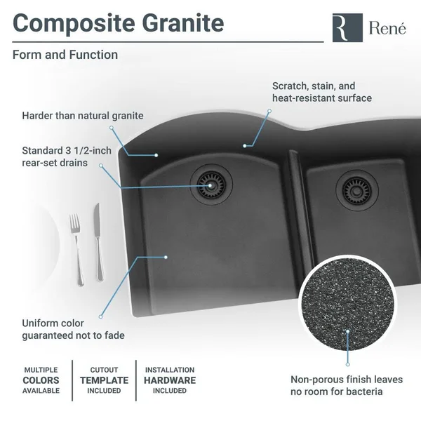 Rene R3-1008-PWT-ST-CGS Pewter Double Offset Bowl Low Divide Undermount Composite Granite Sink with Two Grids and Two Matching C