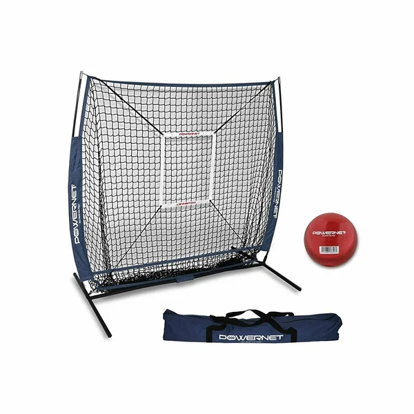 Powernet 5x5 Baseball Softball Practice Hitting Net Bundle (w/ Strike Zone + Training Ball), Blue