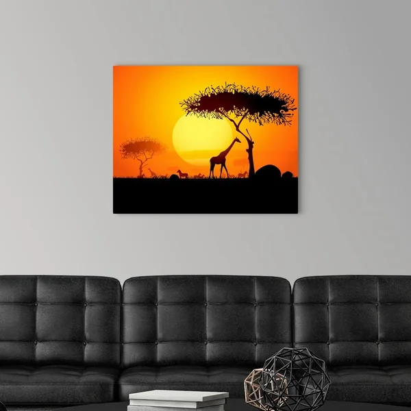 Sunset in Africa - with Silhouetted Animals and Trees, Large Solid-Faced Canvas Wall Art Print, Great Big Canvas