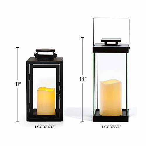 Large Glass Flameless Candle Lanterns - 14.5x22 Height, Fall-Ready Decor, Warm White LEDs, Black Metal Finish, Indoor/Outdoor Use