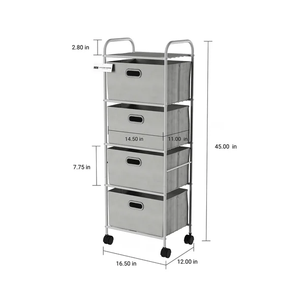 Lavish Home 4 Fabric Drawer Rolling Storage Cart, Grey
