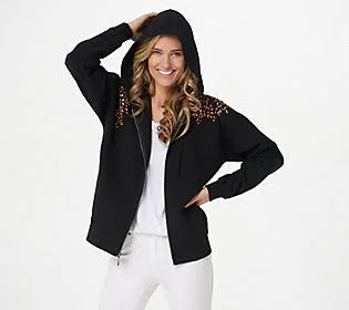 The Muses Closet Beaded Zip Front Sweatshirtw/ Hood, Size Medium, Black