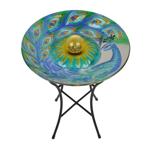 Peaktop Outdoor 18 in. Solar Glass Birdbath - Peacock