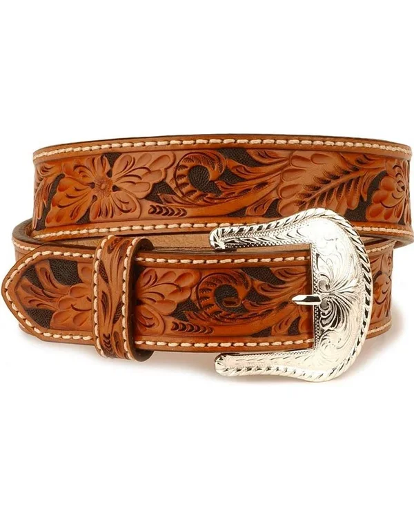 38in. Tony Lama Floral Hand Tooled Western Leather Men Belt Tan