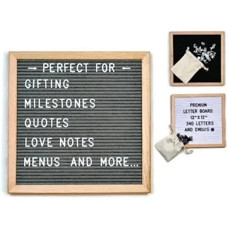 Letterboard 12 inch x 12 inch Felt Oak Framed with 340 Letters with Emojis - Black