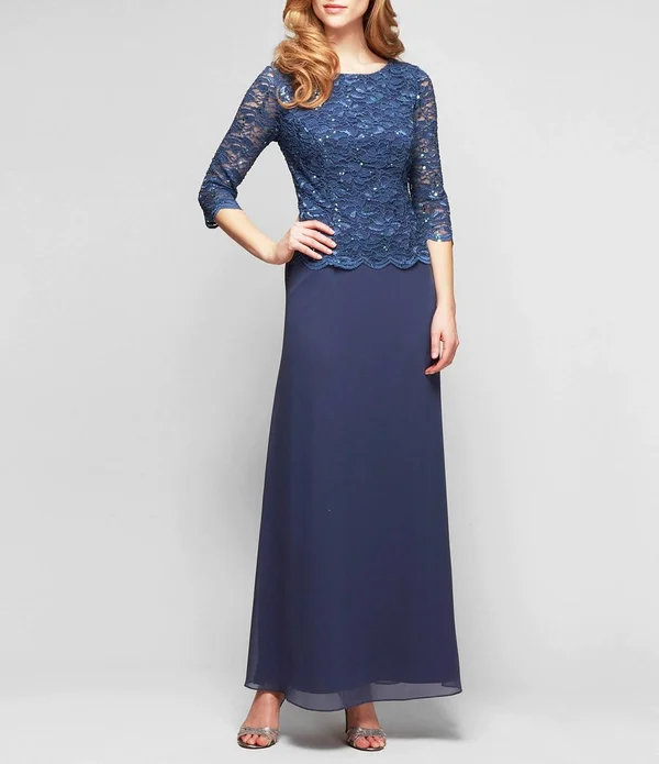 Alex Evenings Blue Women's Size 8p Petite Sequin Lace Maxi Dress