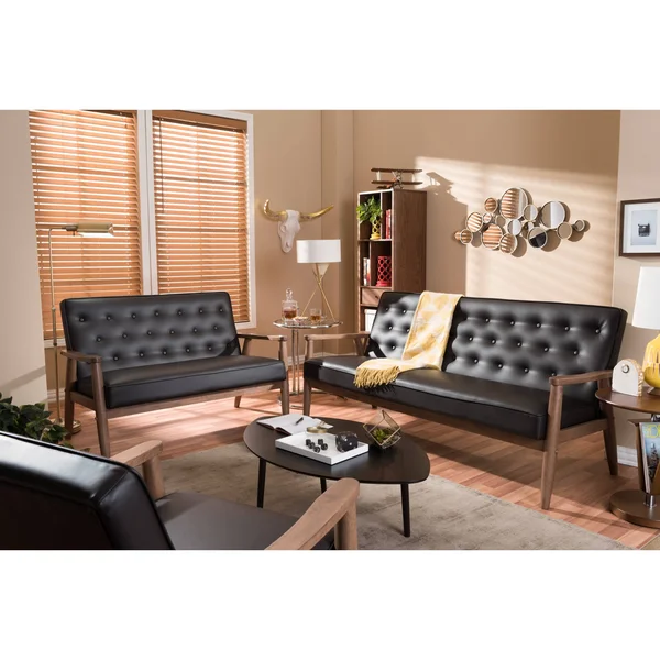 Baxton Studio Sorrento Mid Century Retro Modern Faux Leather Upholstered Wooden 3 Seater Sofa - Dark Brown
