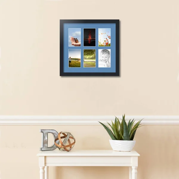 Collage Picture Frame, Satin Black Frame with 6 openings for 4x6 Photos with Liberty Blue Mat. D3926FG1170, ArtToFrames
