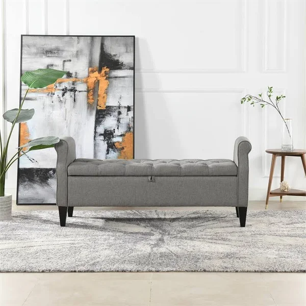 Jacqueline Flip Top Tufted Roll Arm Storage Bench Dark Heathered Grey