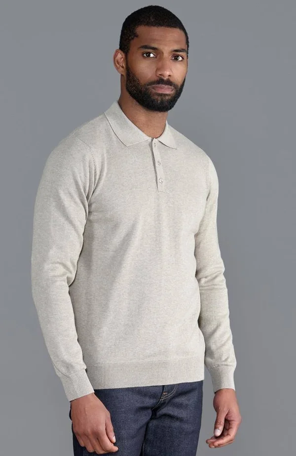 Mens 100% Cotton Long Sleeve Knitted Polo Shirt - Fawn, M