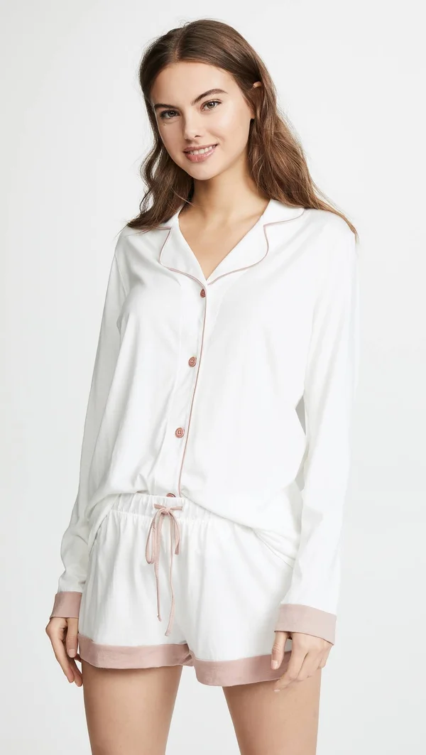 Cosabella Bella Bridal Long Sleeve Top & Boxer Pajama Set - Mandorla/Moon Ivory