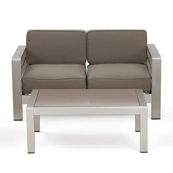Cybele Doris Outdoor Silver Aluminum Loveseat and Coffee Table Set with Water Resistant Cushions - Light Teal