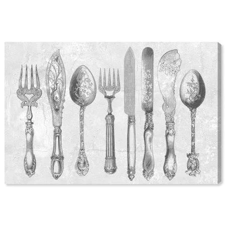 Runway Avenue Food and Cuisine Wall Art Canvas Prints 'Royal Cutlery Grey' Cooking and Chef - Gray - White, Size: 45 x 30