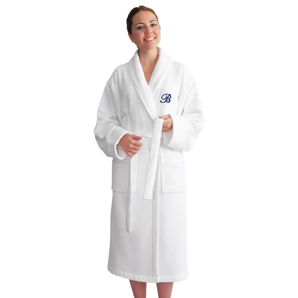 Authentic Hotel and Spa Unisex Navy Blue Monogrammed Turkish Cotton Waffle Weave Terry Bath Robe White E Large/Extra Large