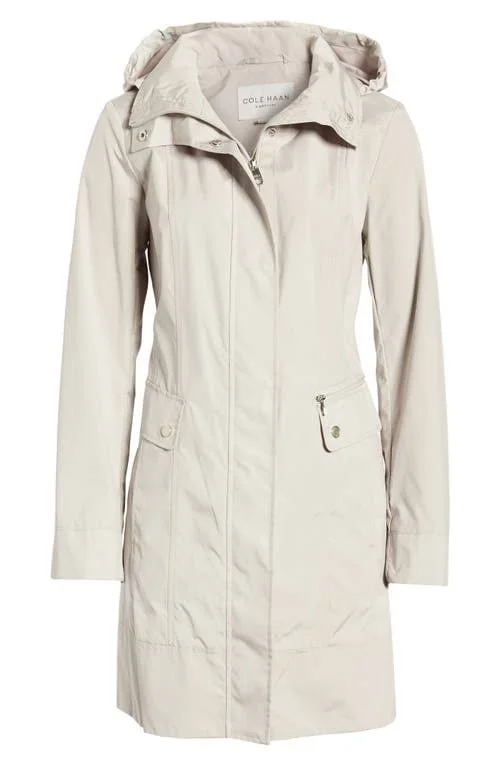 Cole Haan Packable Hooded Raincoat - Pearl Grey