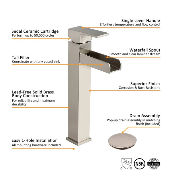 Homary Modern Brushed Nickel Waterfall Faucet for Vessel Sink Single Hole Bathroom Vessel Sink Faucet CUPC Certified