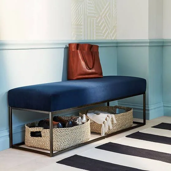 West Elm Box Frame 48x22 Bench, Poly, Performance Coastal Linen, Midnight, Burnished Bronze
