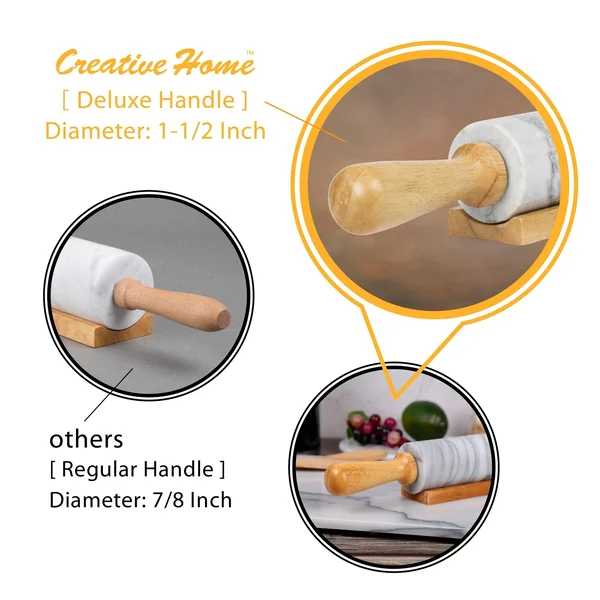 Creative Home 18x22 L Deluxe Genuine Mocha Marble Stone Rolling Pin with Wood Handles & Cradle