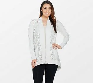 Logo by Lori Goldstein Open Front Slub Cardiganw/ Lace Detail - Size X-Small, White Birch