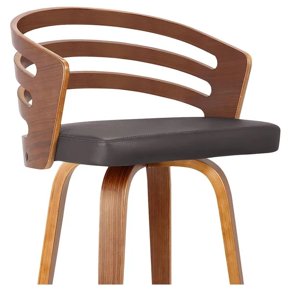 30x22 Jayden Mid-Century Swivel Bar Height Barstool in Brown Faux Leather with Walnut Veneer - Armen Living