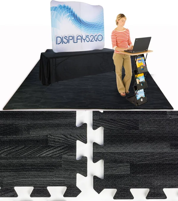 Displays2go Black Wood Grain Floor Mats – 10’ x 10’ Soft Foam Flooring