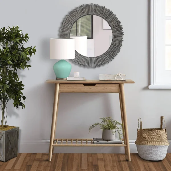 The Urban Port 32 inch Round Beveled Floating Wall Mirror with Sunflower Wooden Frame, Gray