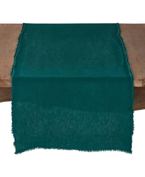 Saro Lifestyle Fringed Linen Design Stone Washed Runner Blue Grey