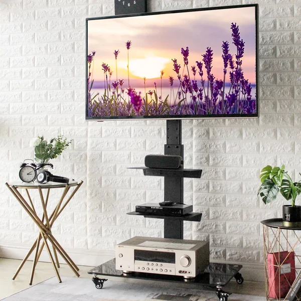 Modern Black Rolling TV Stand for TVs Up to 70 inch Black Metal Shelf