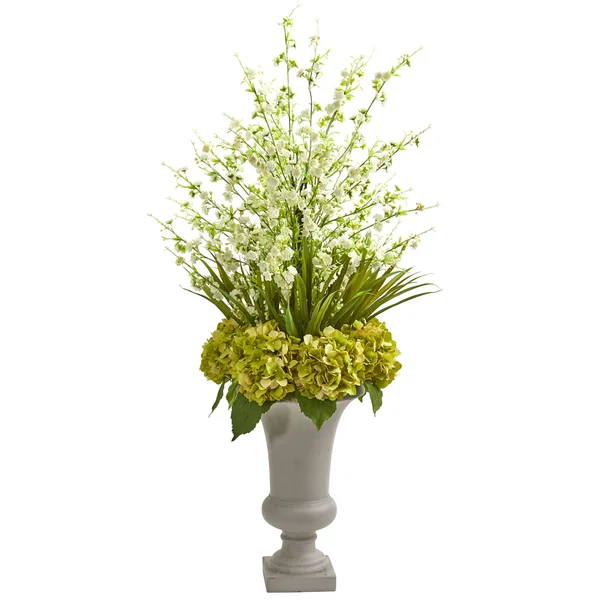 Nearly Natural Cherry Blossom & Hydrangeas Artificial Arrangement in Urn White