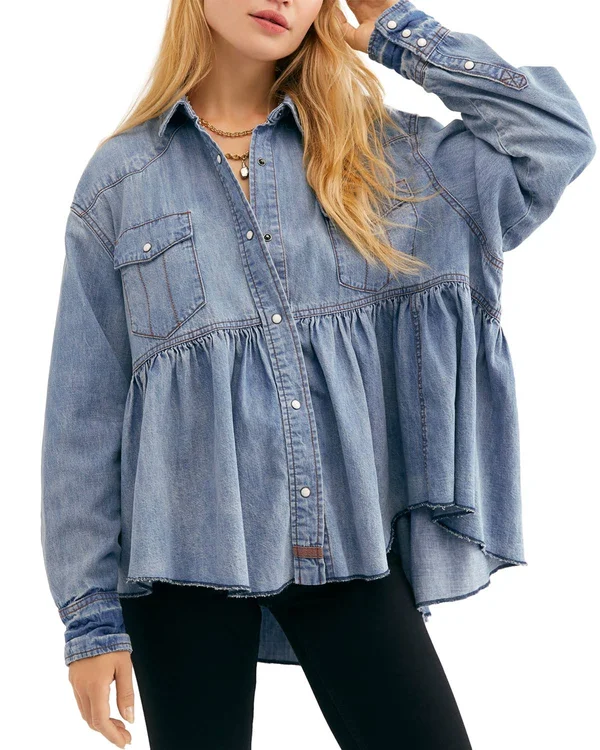 Free People Dylan Babydoll Snap Front Chambray Frayed Hem Blouse - Womens, L, Chambray