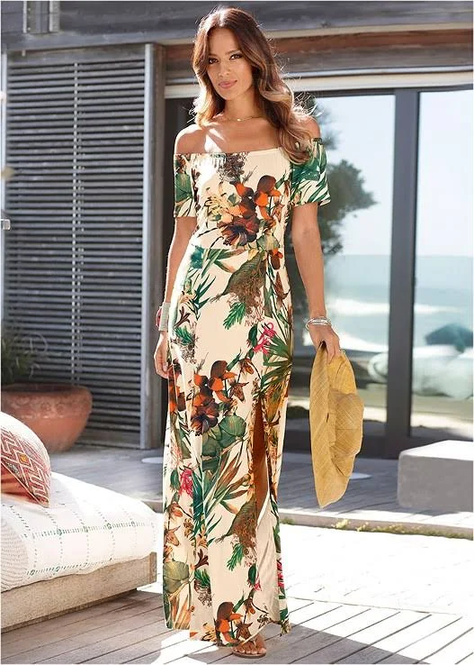 Women's Off-The-Shoulder Maxi Dress - White/Multi, Size S by Venus