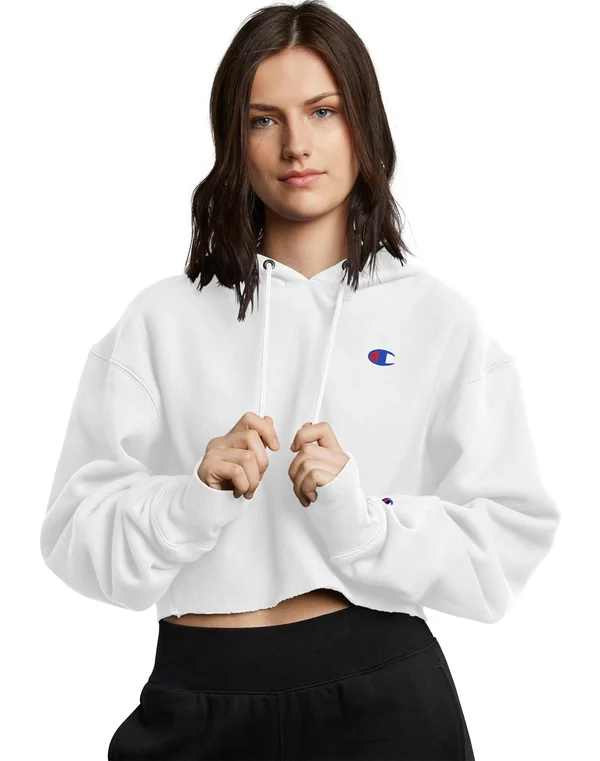 Champion REVERSE Weave Cropped Cut Off Hoodie White Size S
