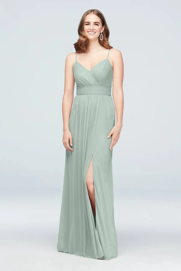 Spaghetti Strap Ruched Waist Mesh Bridesmaid Dress - Dusty Sage, 18