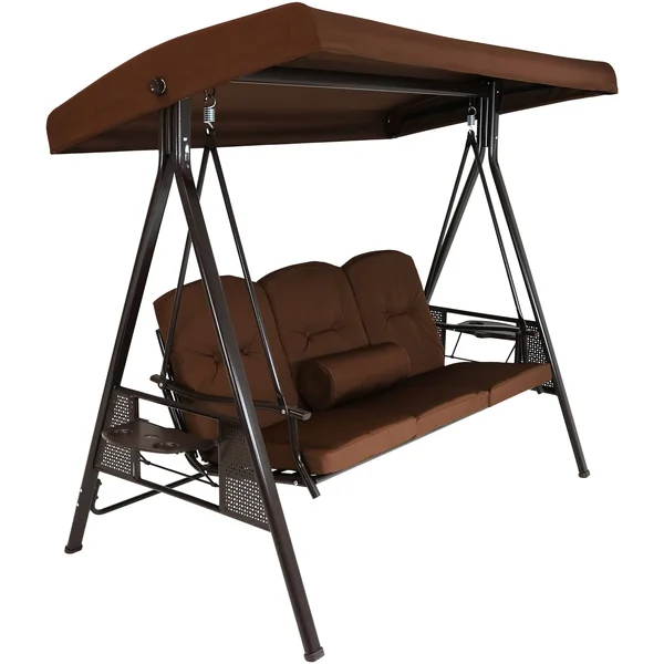 Sunnydaze Decor 3-Person Steel Frame Outdoor Canopy Swing with Side Tables - Brown