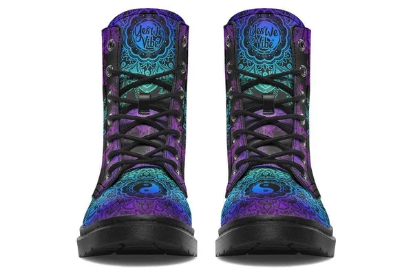 Yin Yang Mandala Boots - Vegan Black Boots, YesWeVibe Women's Boots, Black Sole, US 5, EU35.5
