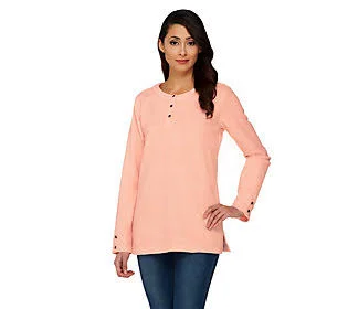 Denim & Co. Baby Sherpa Henley Tunic w/Side Slits - Size 1X, Soft Peach