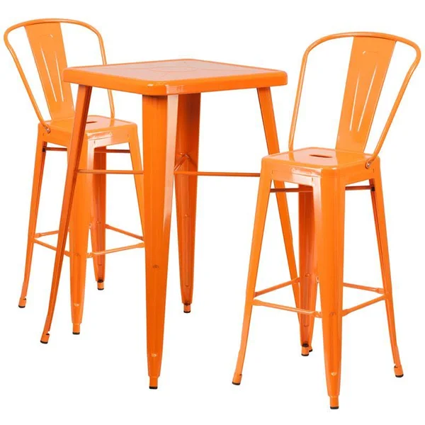 Ergode 23.75'' Square Orange Metal Indoor-Outdoor Bar Table Set with 2 Stools with Backs