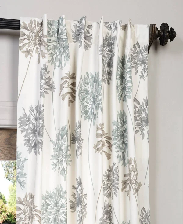 Allium Blue Gray Printed Cotton Curtain