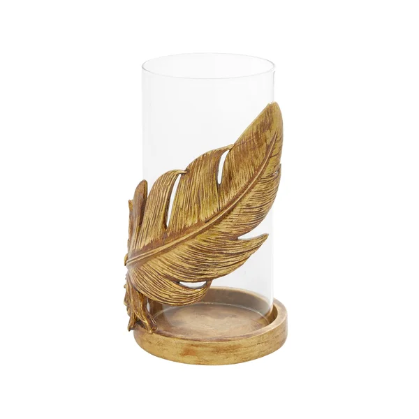 Large Metallic Gold Feather Candle Holder with Hurricane Glass